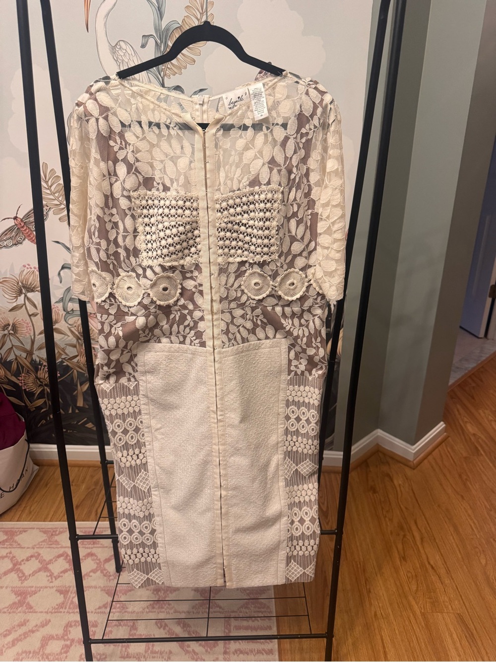 Byron Lars Cream Lace Midi Dress with Crochet Panels
